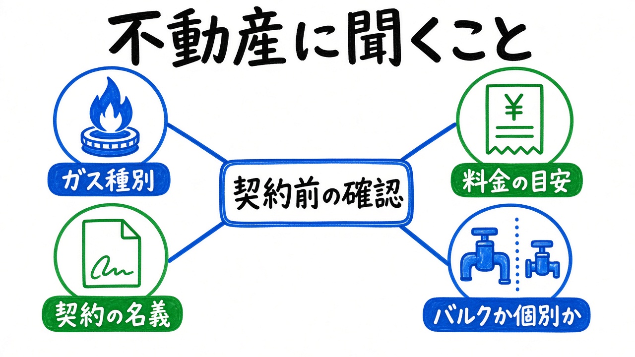 不動産に聞くこと（ガス種別・名義・料金目安・バルクか個別か）