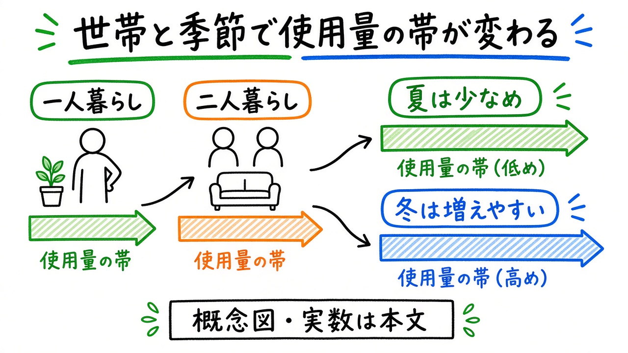 一人暮らし・二人暮らしと夏冬で使用量の帯が変わる概念図