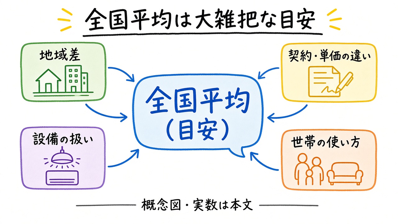 地域差・契約単価・設備・使い方が全国平均に影響する概念図