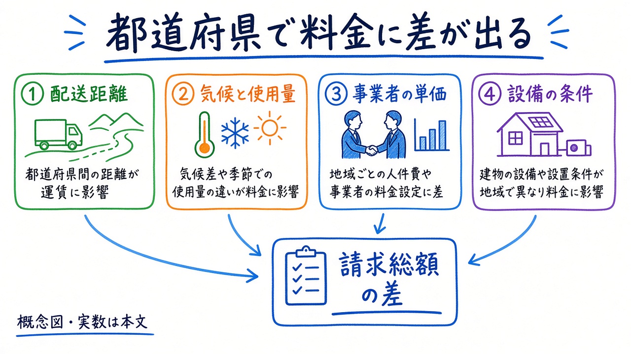 配送距離・気候・事業者単価・設備条件が請求総額の差につながる概念図