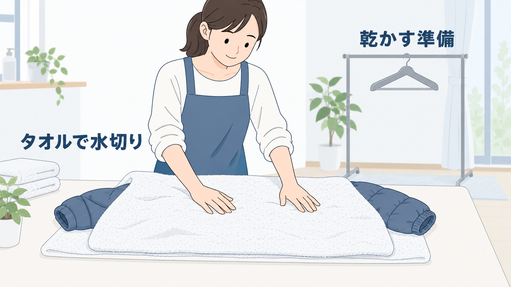 タオルでダウンの水分を取る様子