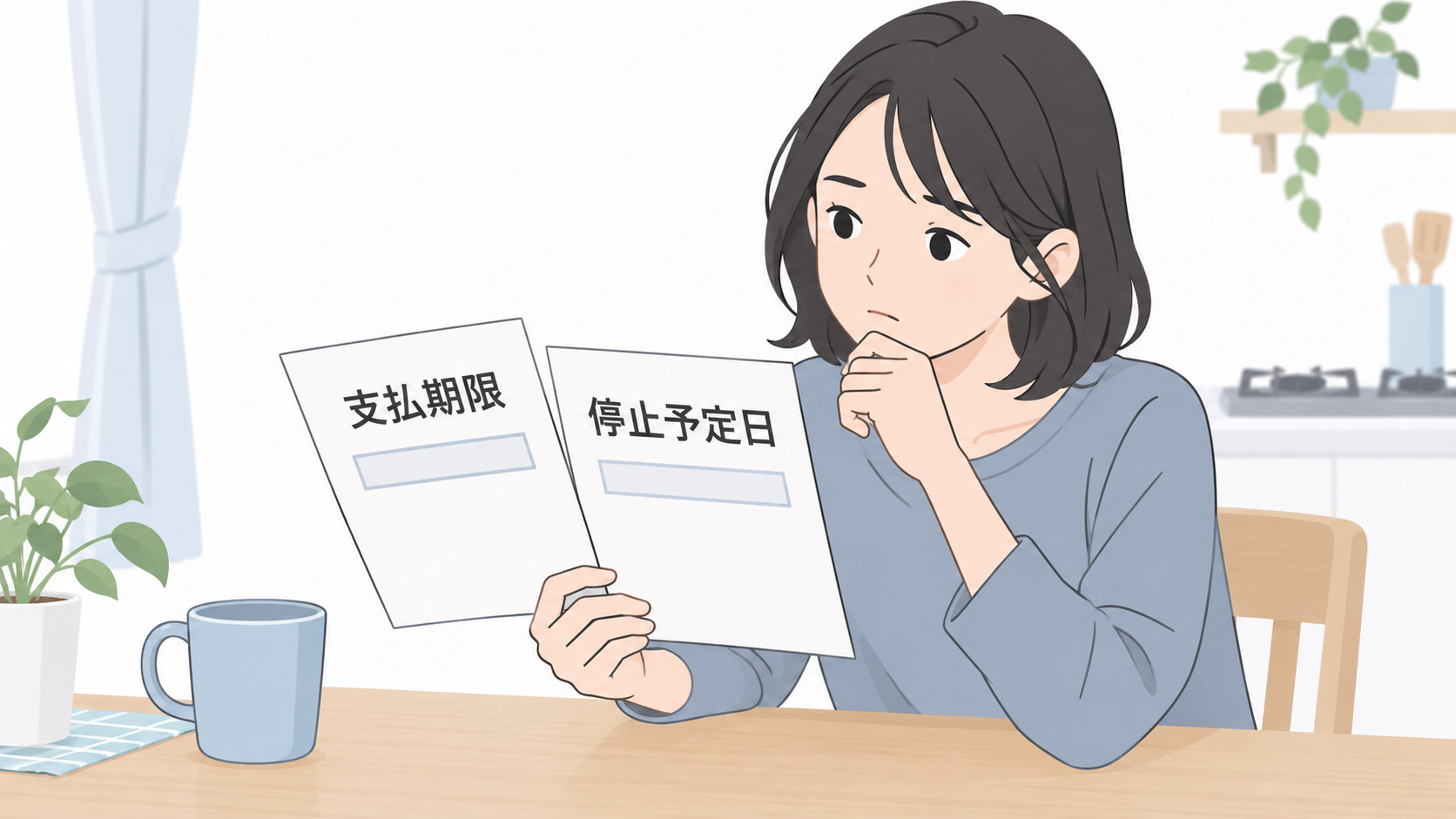 支払期限と停止予定日を確認する女性
