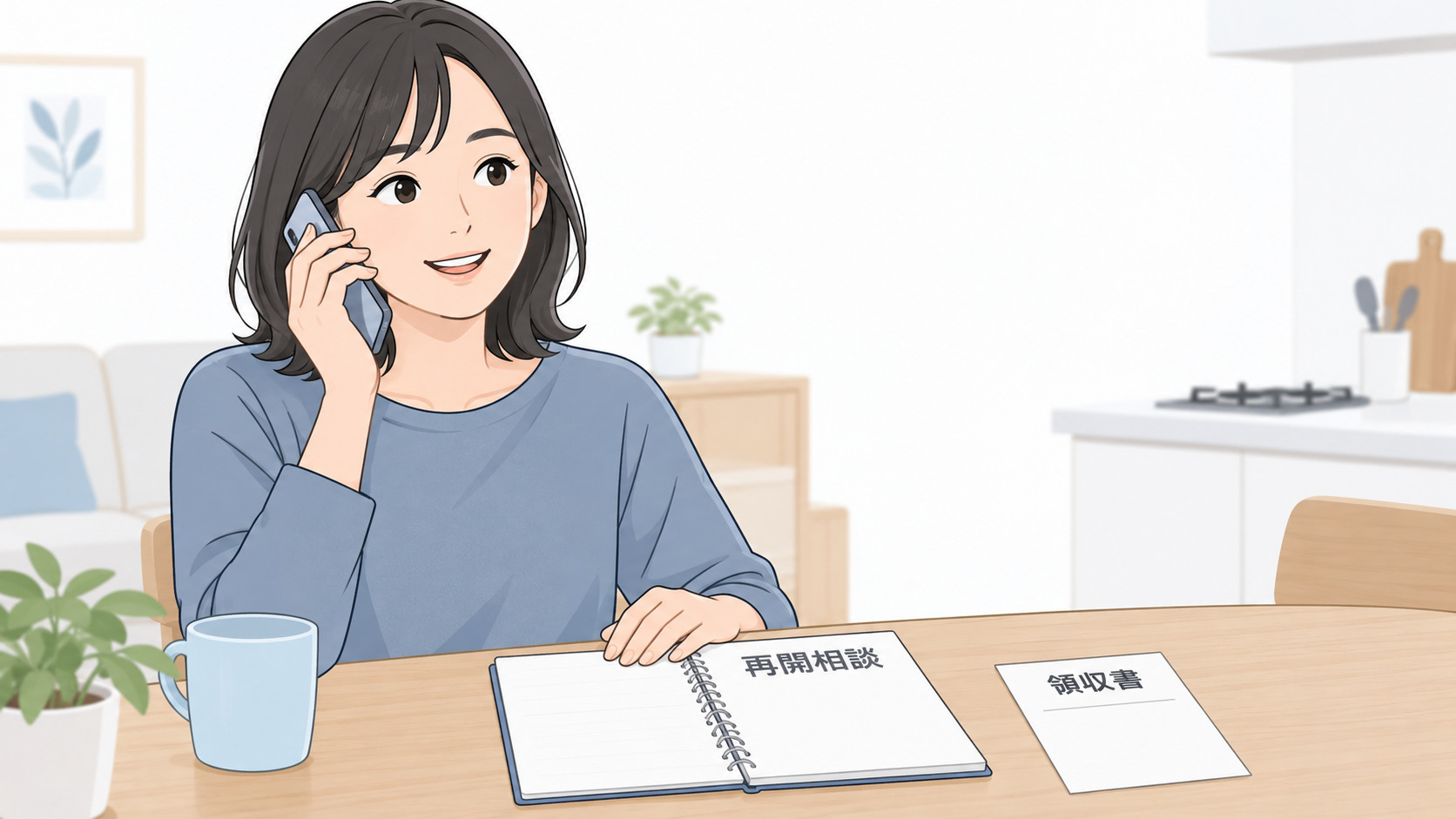 領収書を手元にガス会社へ再開を相談する女性