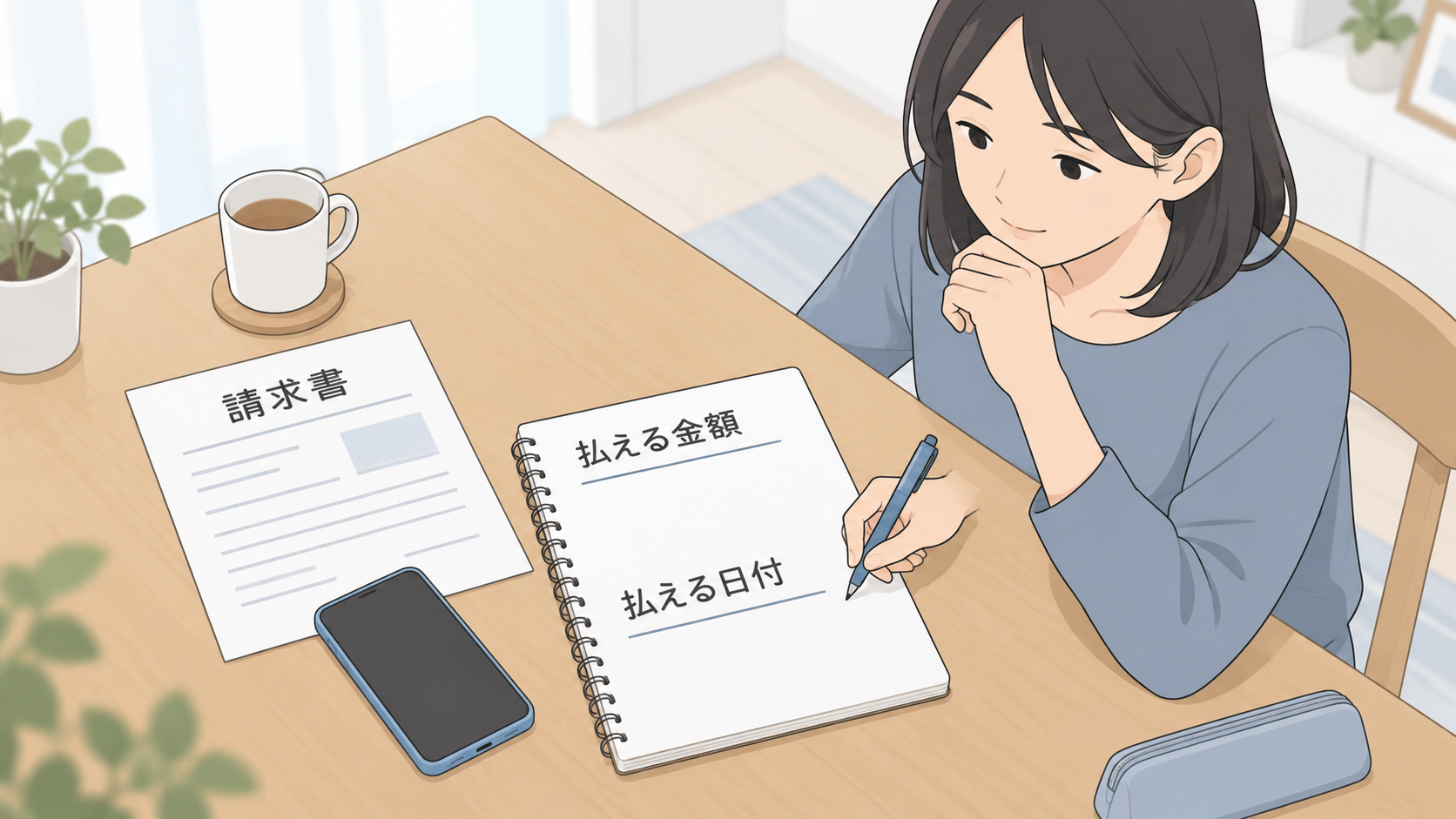 払える金額と日付を相談用のメモに用意する女性