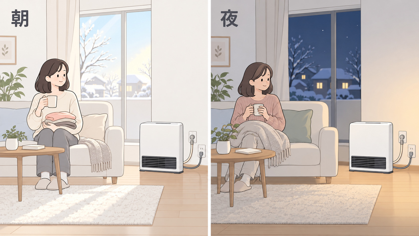 朝と夜に暖房を使う冬の部屋