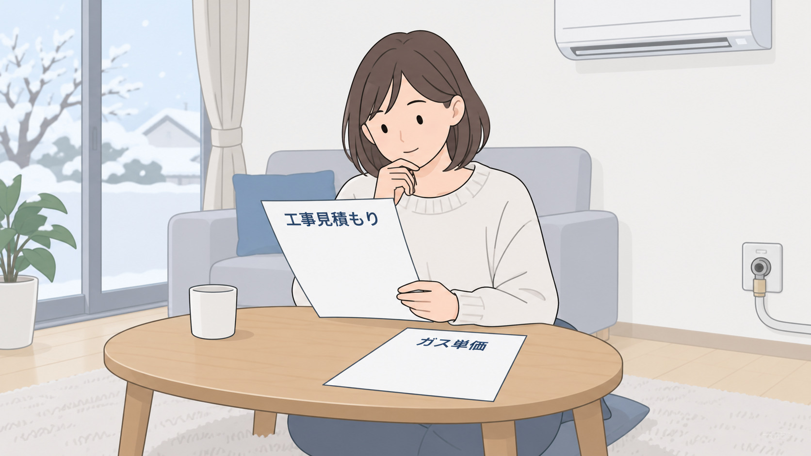 工事見積もりとガス単価を確かめる女性