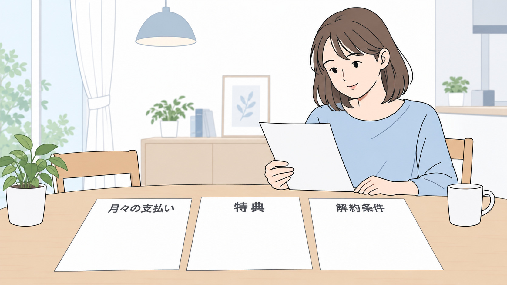 月々の支払いと特典や解約条件を確かめる女性