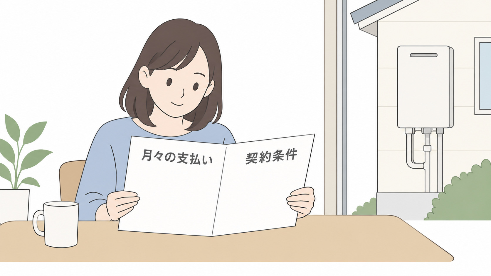 給湯器とリースの契約書を確認する女性