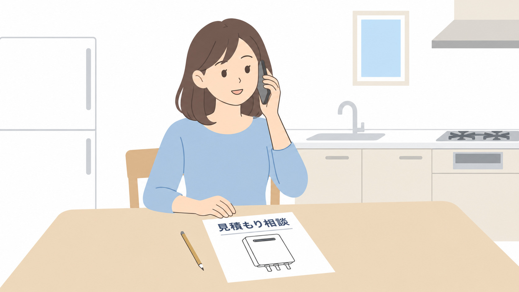 給湯器交換の見積もりを電話で相談する女性