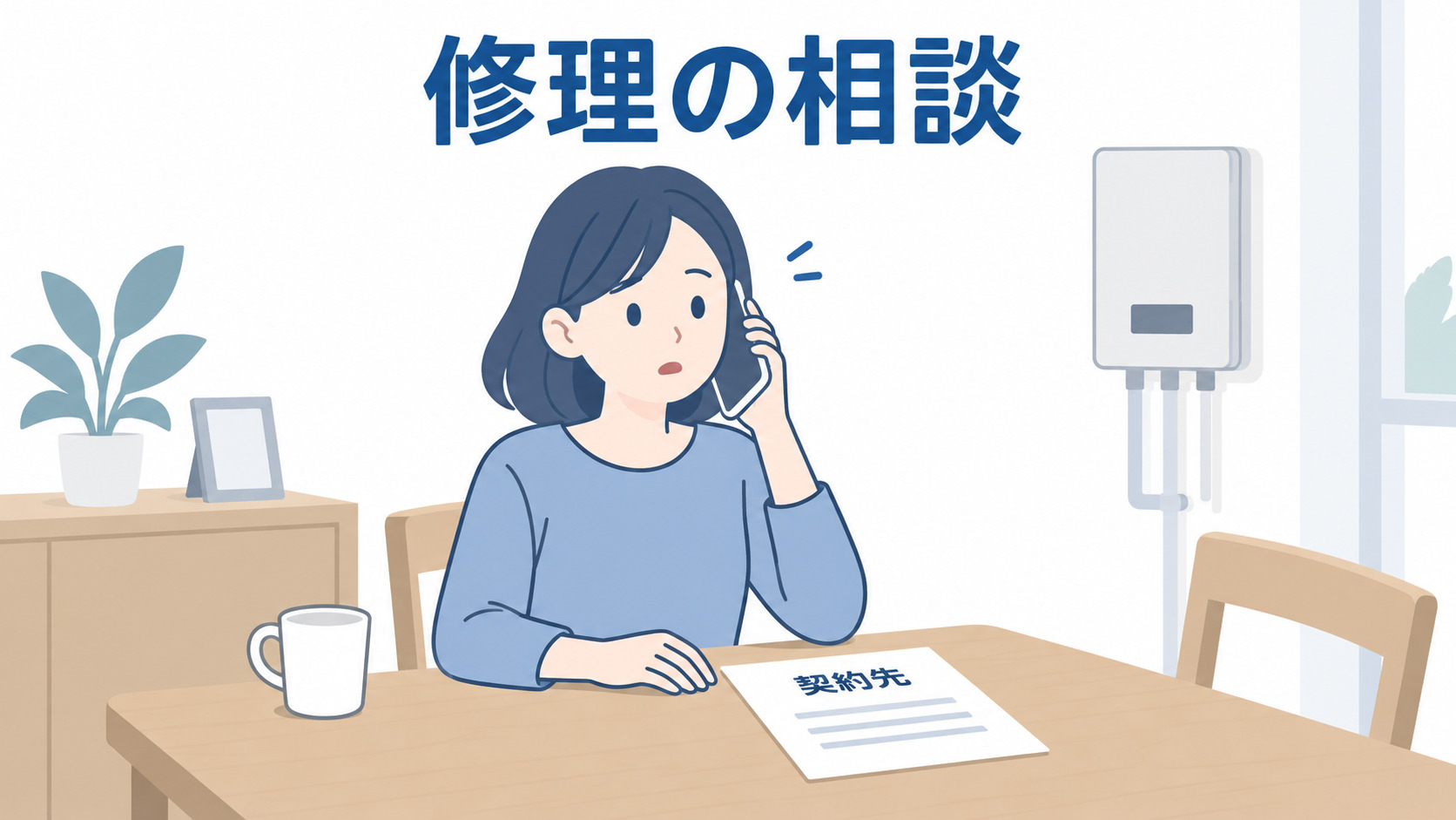 契約先のガス会社に修理を電話相談する女性