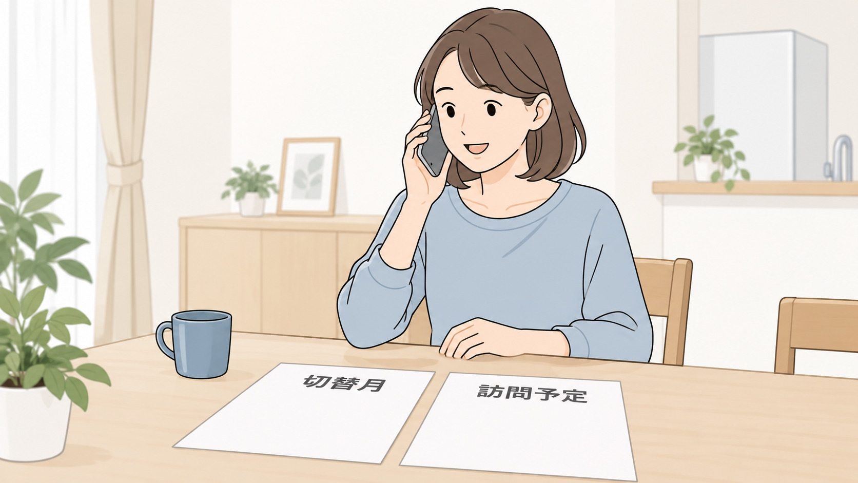 支払方法の切替月と訪問予定を電話で相談する女性