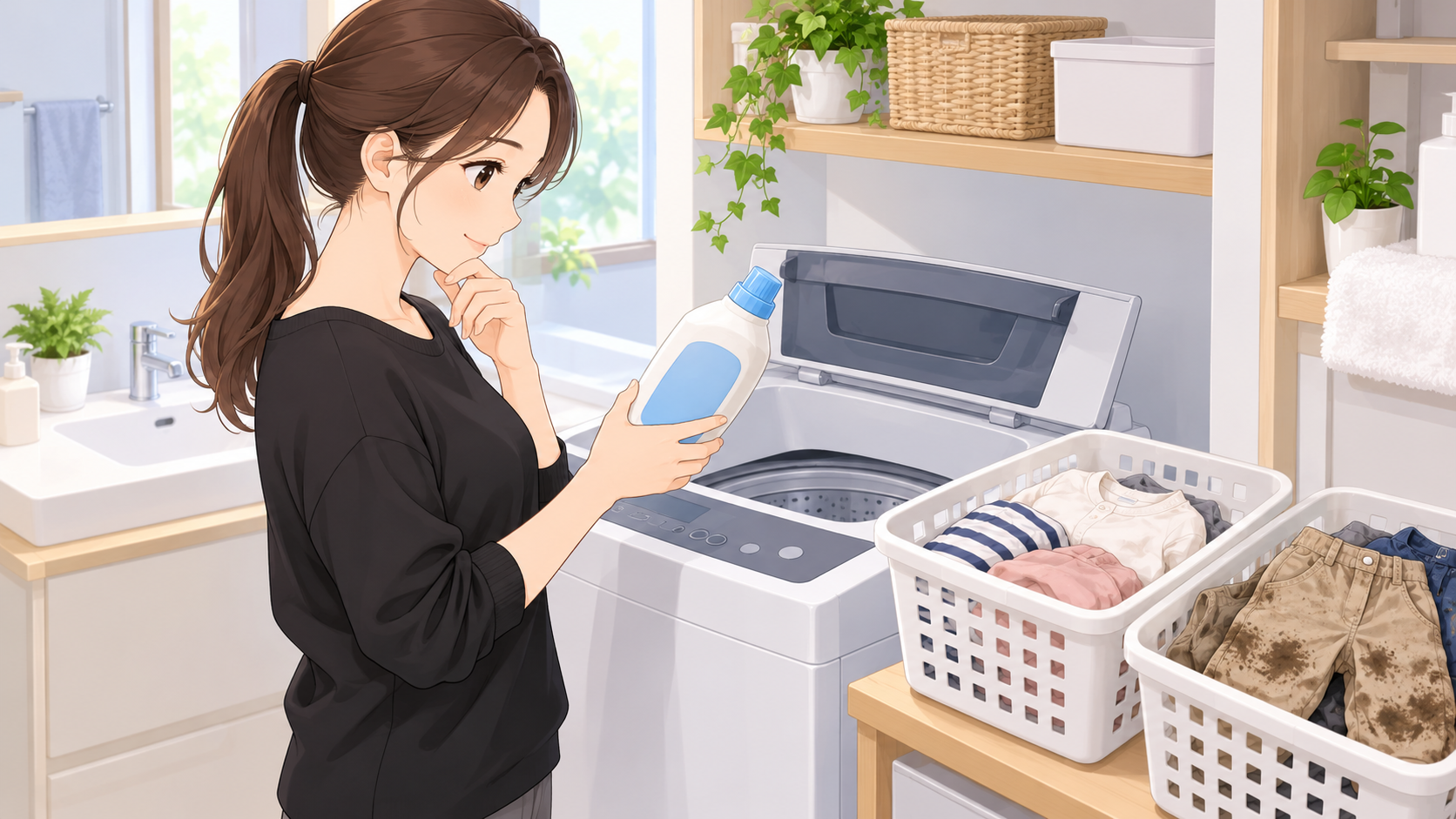 洗濯機の前で洗剤ボトルを見る女性と、普段着・泥汚れのズボンが別々に入った洗濯かご