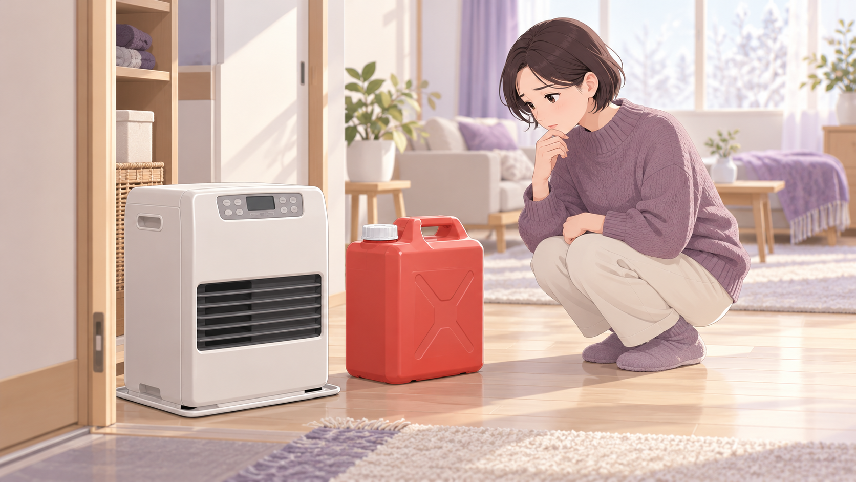 ファンヒーターと灯油缶を見つめる女性