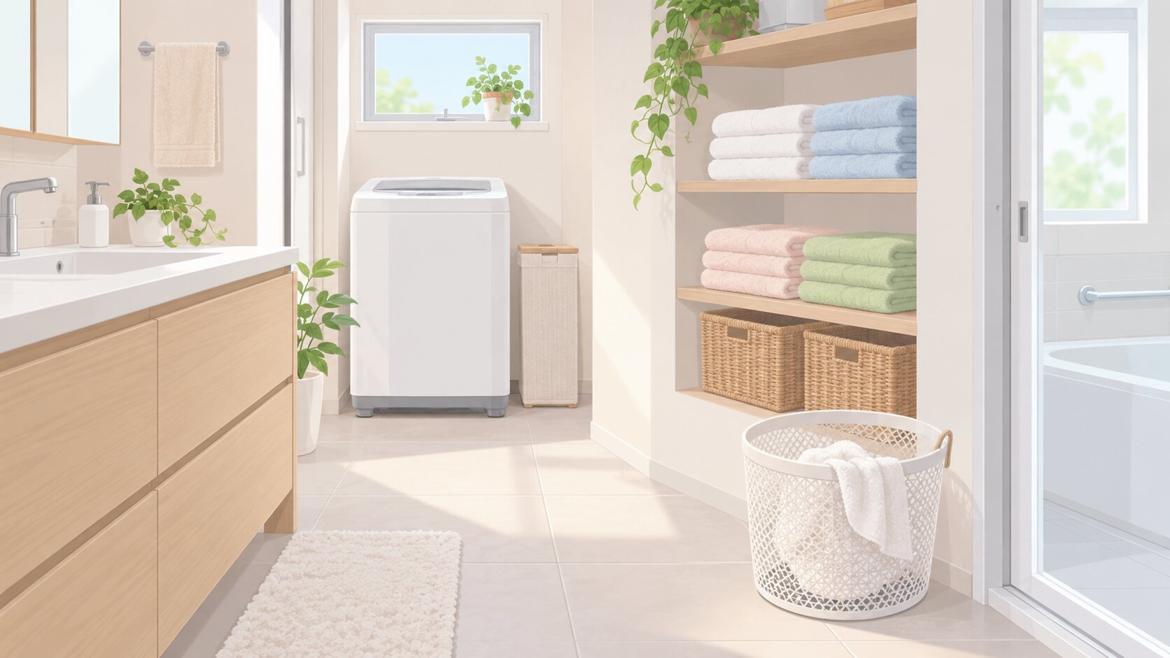 洗って乾いたバスタオルを並べた棚と、使用済みタオルを入れたメッシュの洗濯かご