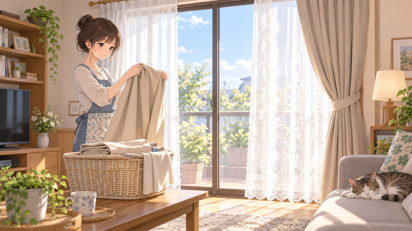 レースとドレープのある窓辺と洗濯かごのイメージ