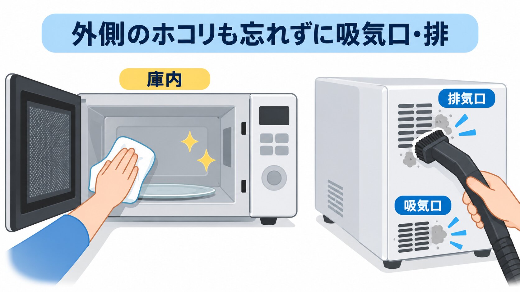 電子レンジ側面の吸排気口のホコリを掃除機で取る