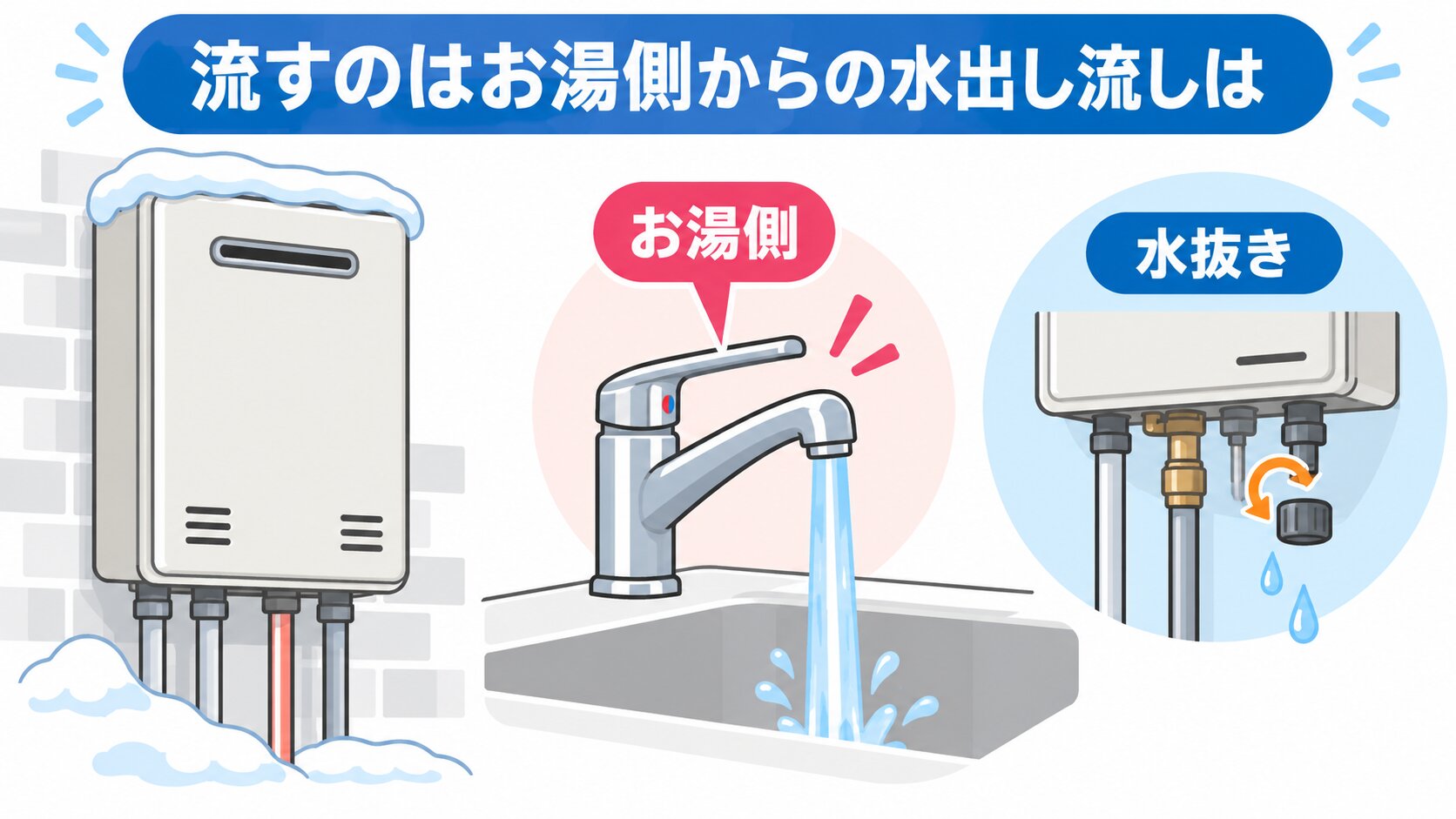 冬の夜に給湯器の前で細い水の流れを確認している