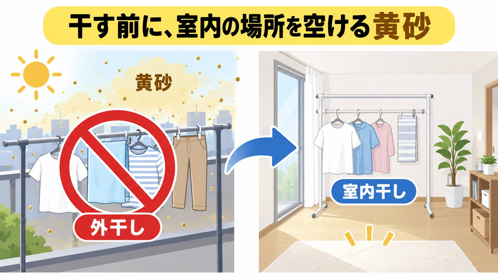 部屋干しで下着・タオルを間隔を空け、除湿機とサーキュレーターを使う様子