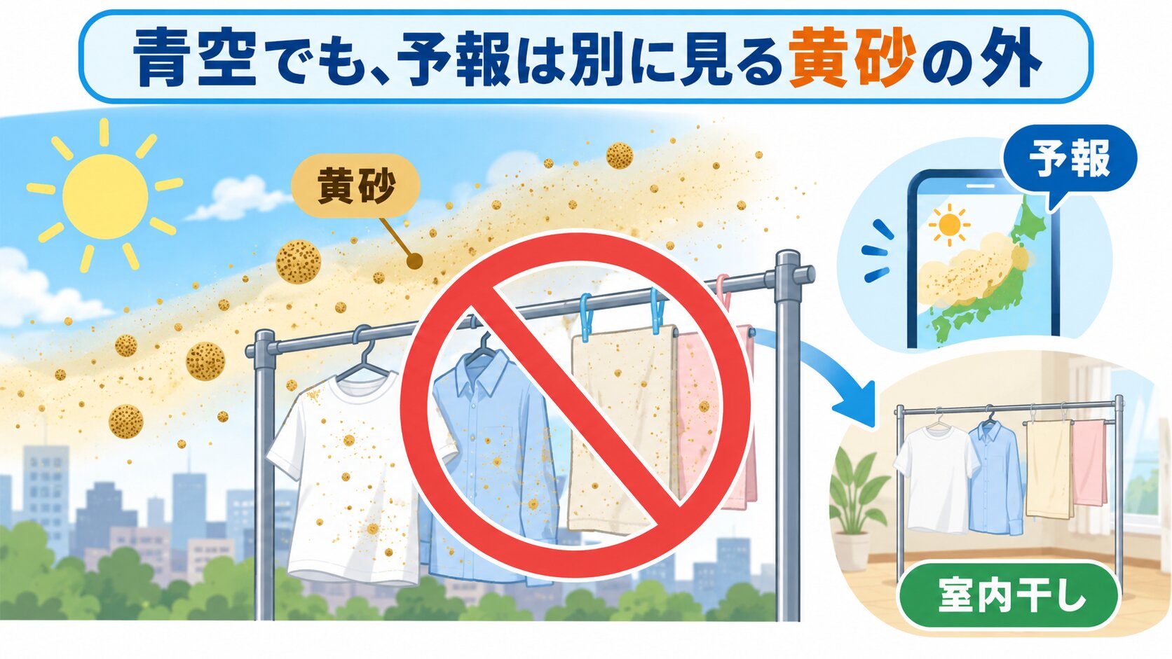 黄砂の日の干し分け:予報確認・下着タオルは室内・間隔を空ける