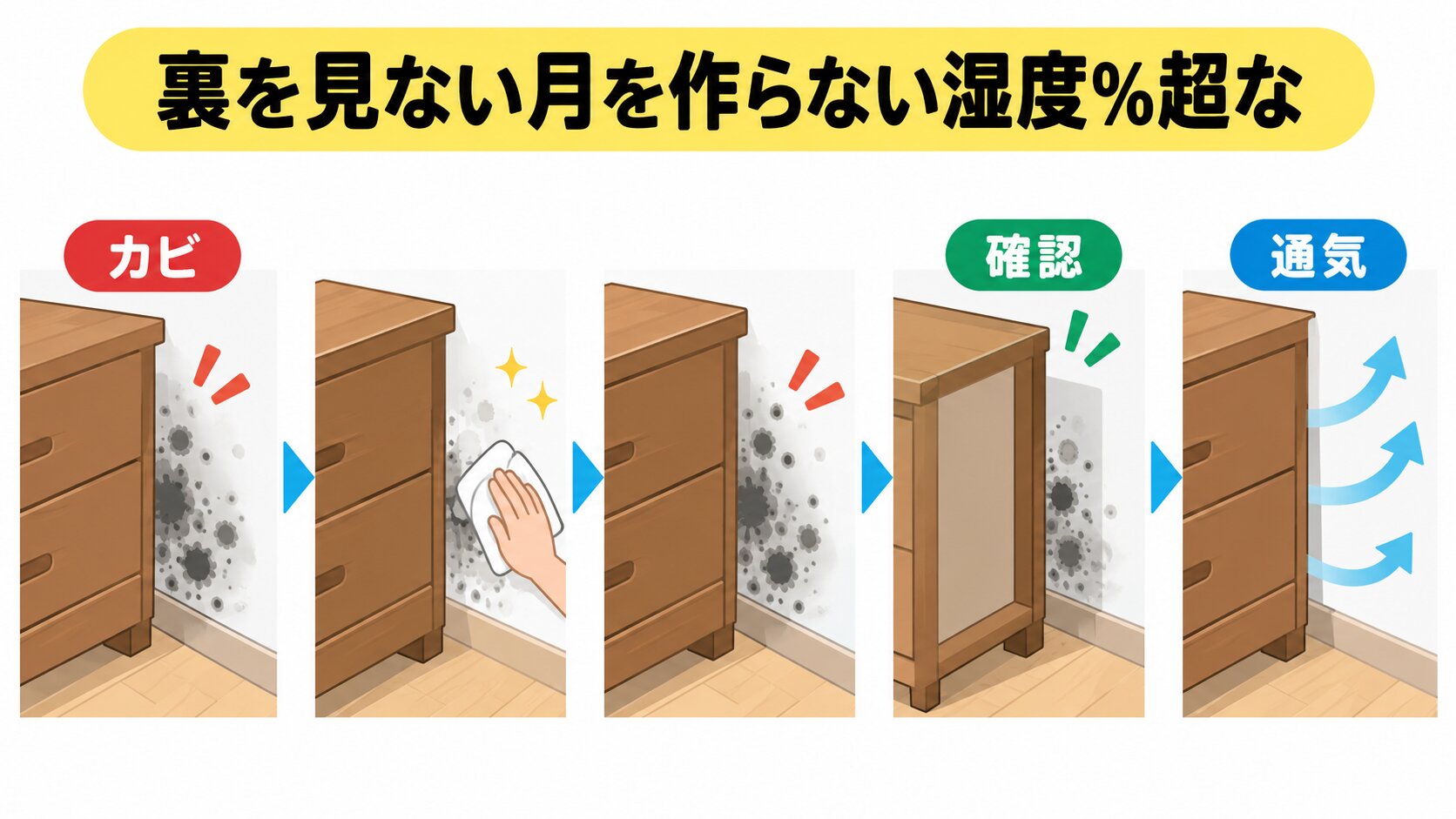 ライトで家具の裏と壁を点検し、そばに湿度計を置いた場面