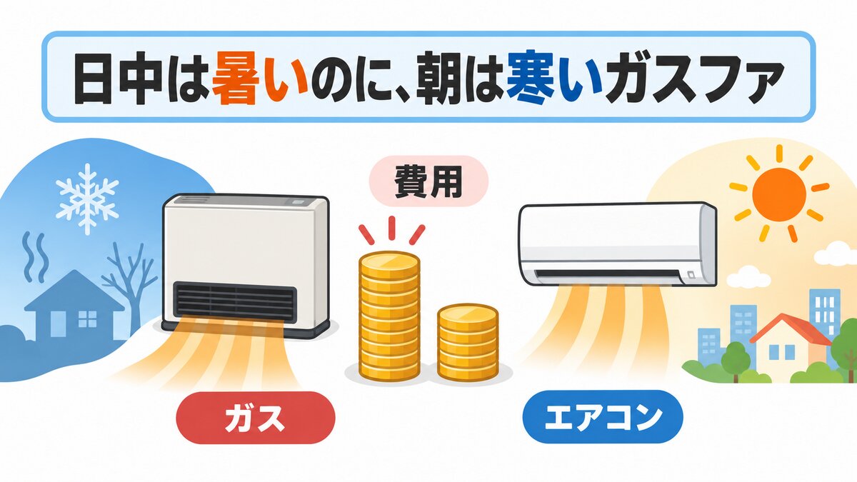 秋の朝、ガスファンヒーターとエアコンのどちらで短時間暖めるか考える様子