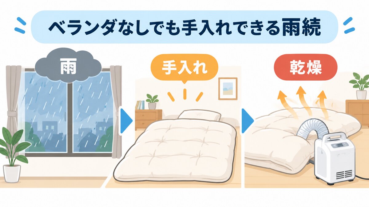 雨の日に室内で布団乾燥機を使う様子