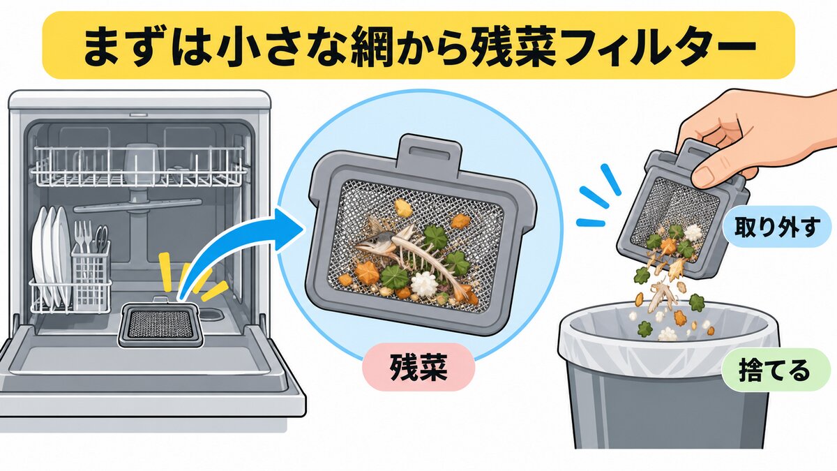 残菜フィルターを取り出して水洗いする様子