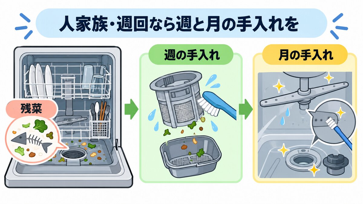 食洗機の手入れ順(残菜フィルター・ドアパッキン・庫内洗浄)
