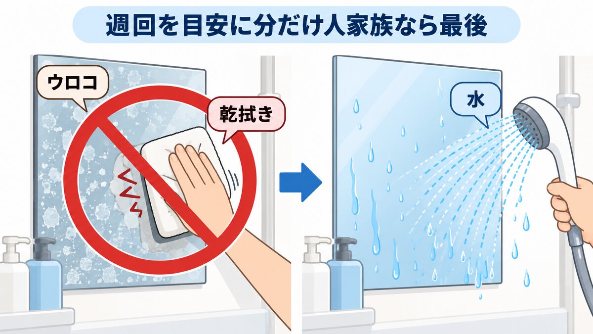 入浴後に浴室鏡の水滴を切るイメージ