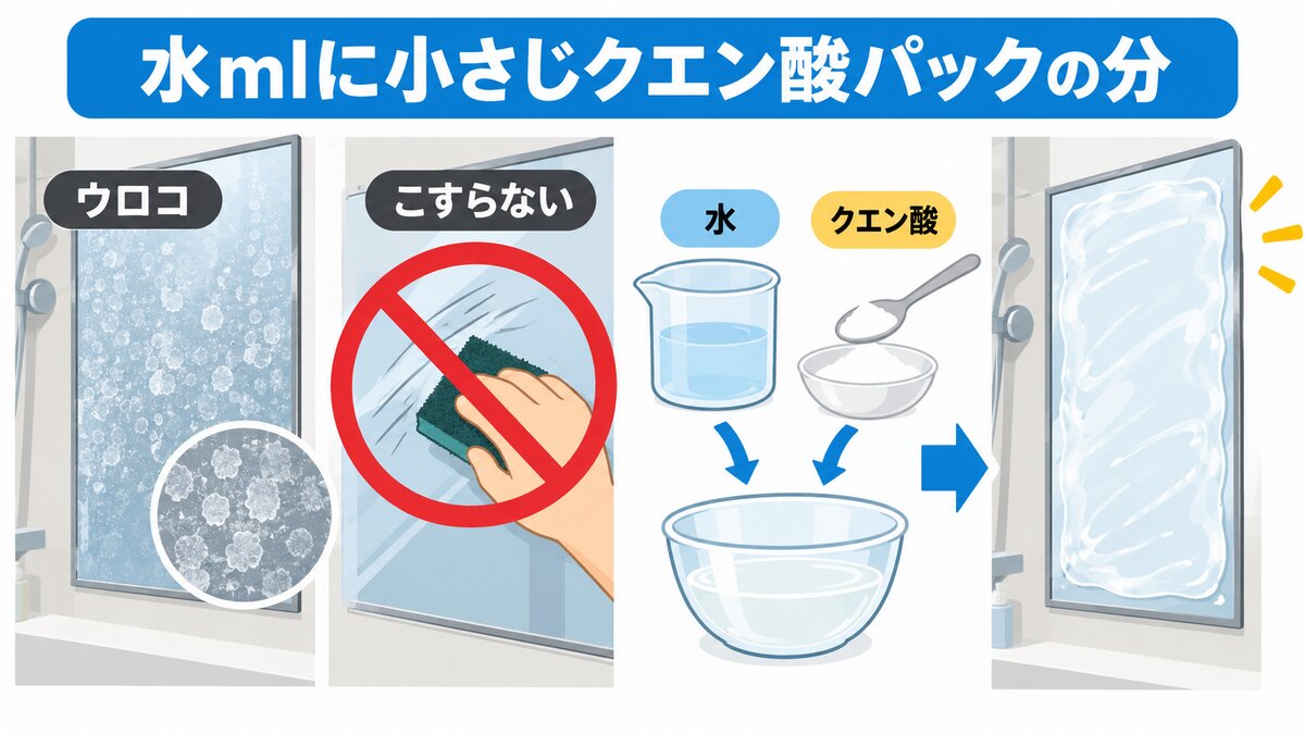 クエン酸パックの順：洗う→クエン酸水→ペーパーとラップ→やさしく洗って乾拭き