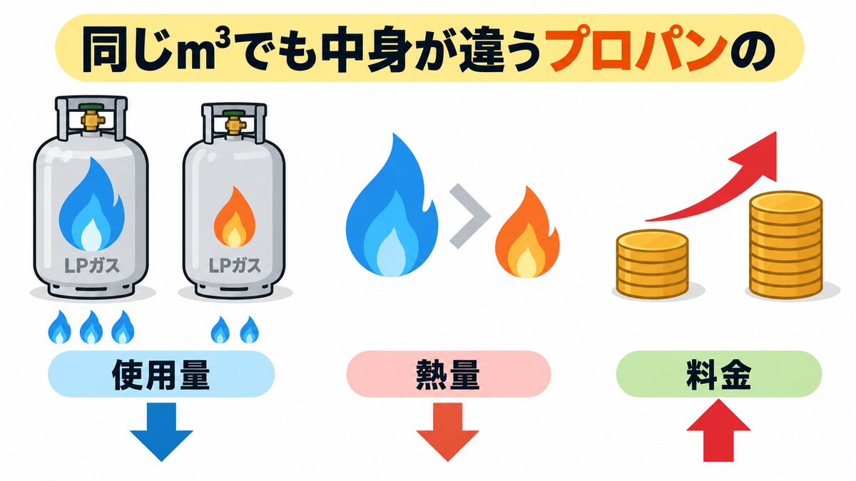 同じ1m³でも都市ガスとプロパンで熱量が違うことを示す図