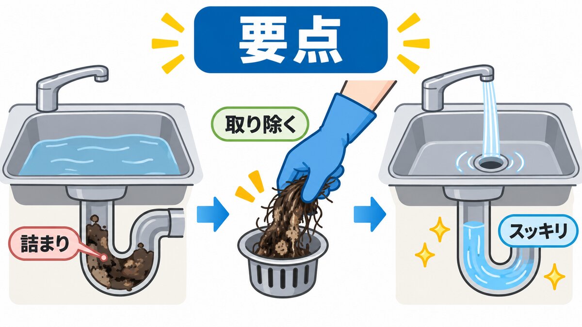 詰まったときの応急順（ネットとゴミ→ぬるま湯→ラバーカップ→市販）