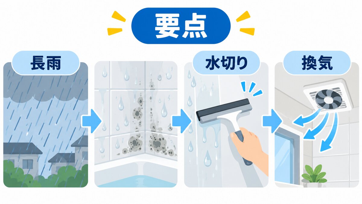 浴室で確認する3か所（吸気口・水滴・換気扇）