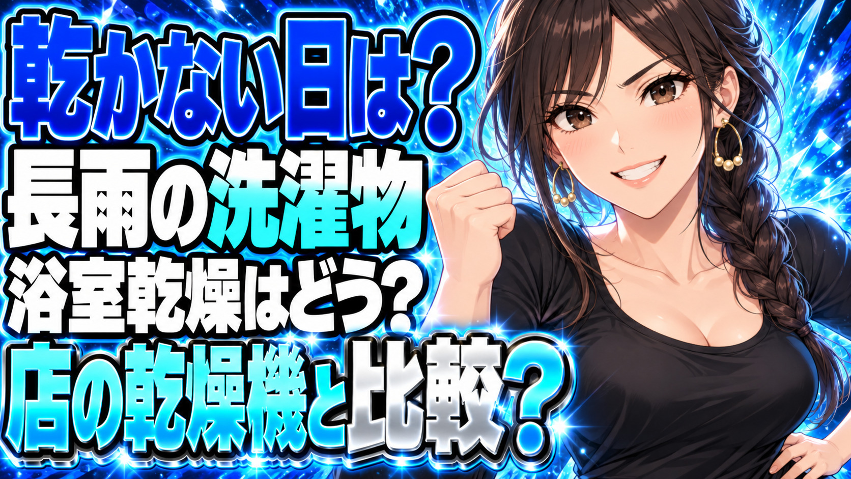 長雨で洗濯物が乾かない！浴室乾燥とコイン、どっちが先？について説明する女性