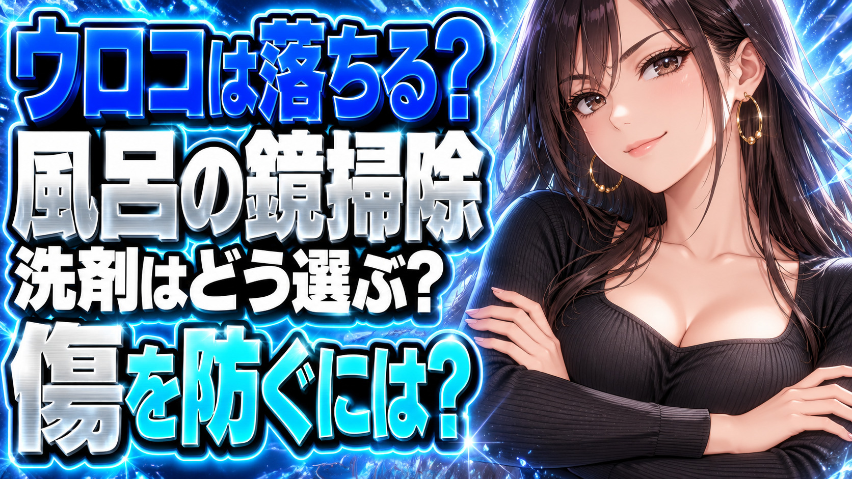 風呂の鏡のウロコ、乾いたままこすらない！クエン酸パックについて説明する女性