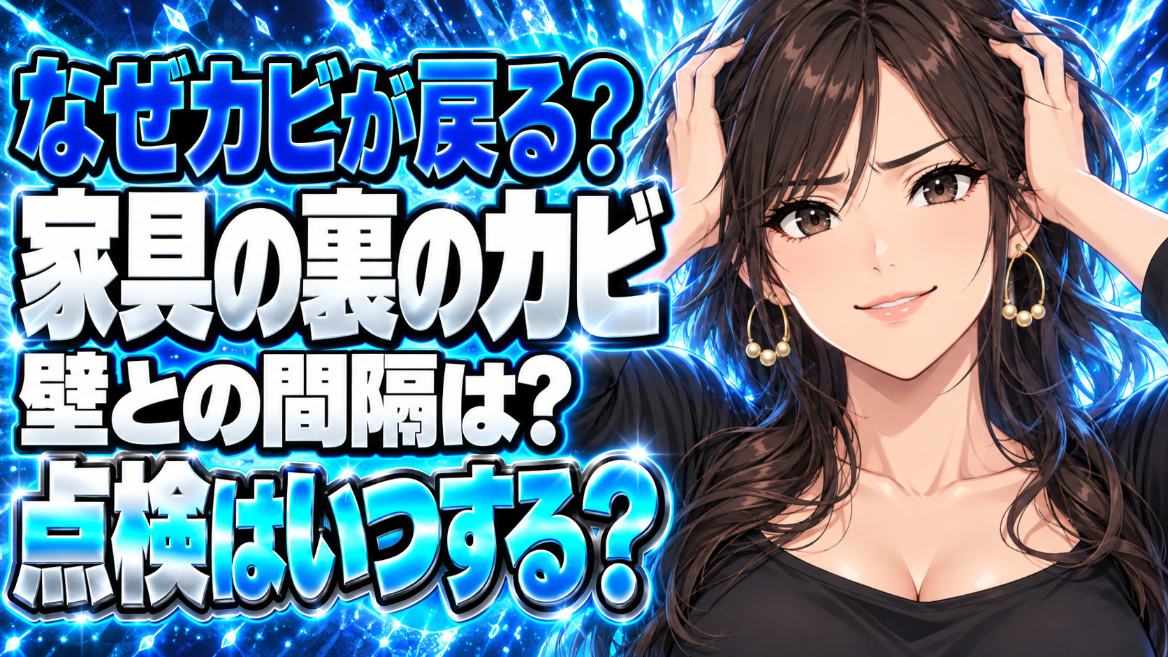 家具の裏のカビ、拭いても戻る？壁5cmあけて月1回裏を見るについて説明する女性