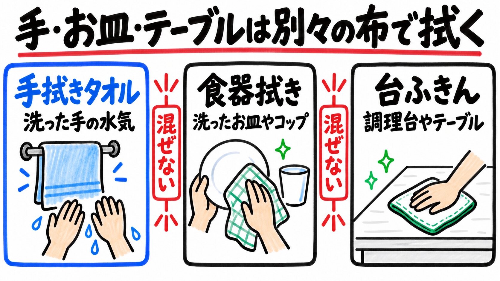 手拭きタオル・食器拭き・台ふきんを用途ごとに分ける図