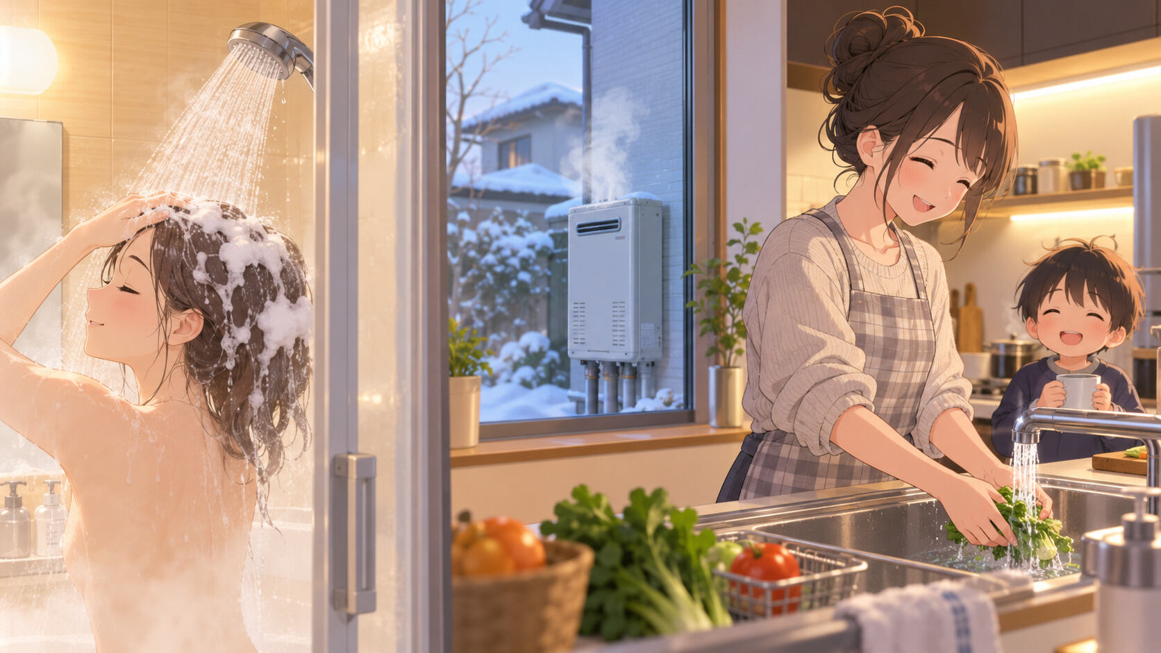 冬の朝にシャワーと台所のお湯を同時に使う場面のイメージ