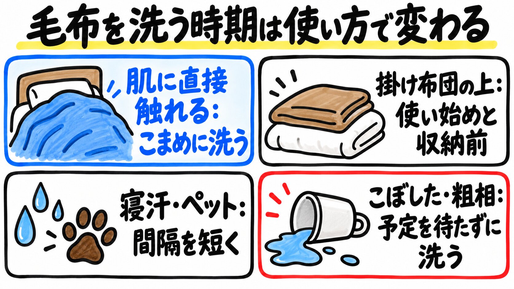 毛布を洗う時期は肌に触れるか、寝汗やペット、汚れで変わることを示す図