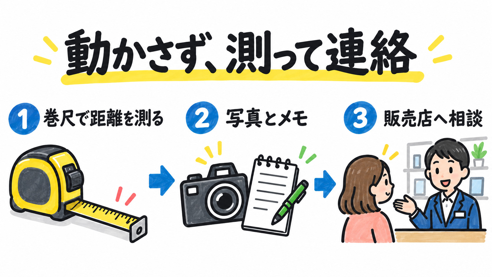 巻尺で測ったら販売店へ