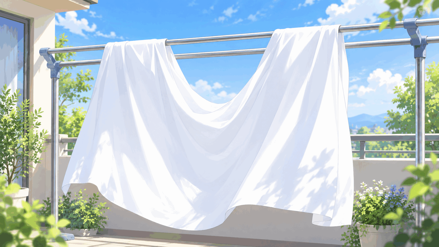 竿2本にシーツをM字に干しているイラスト