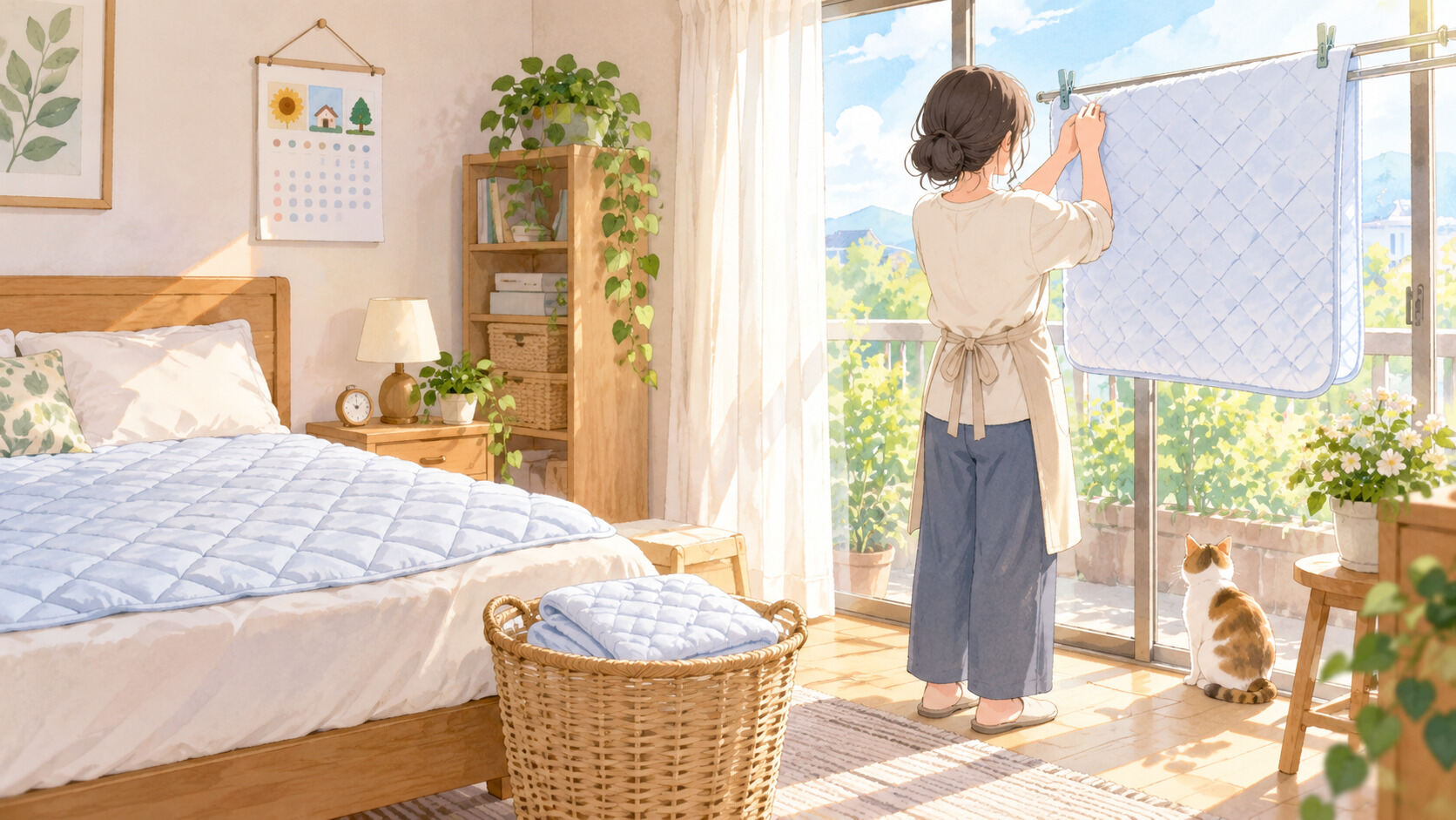 敷きパッドを洗って干す寝室のイメージ