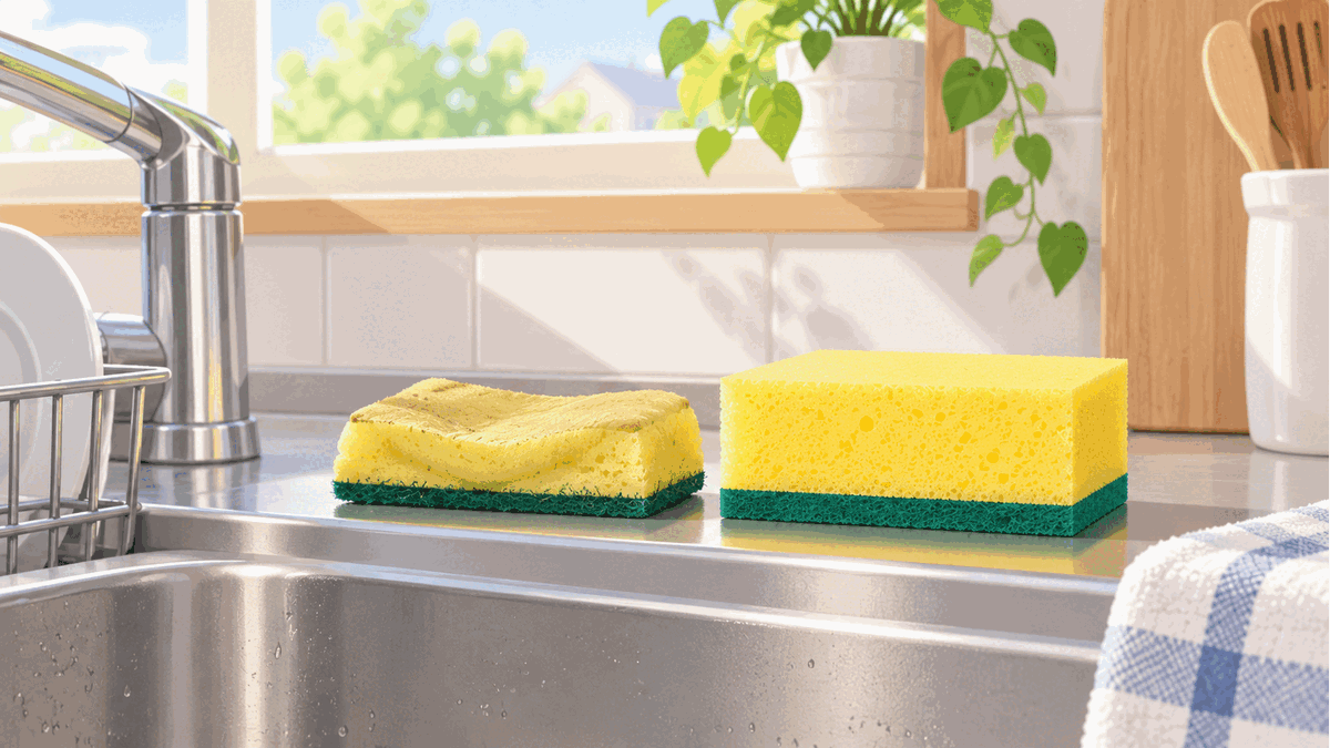 へたって波打った食器用スポンジと、厚みのある新品を並べたシンク