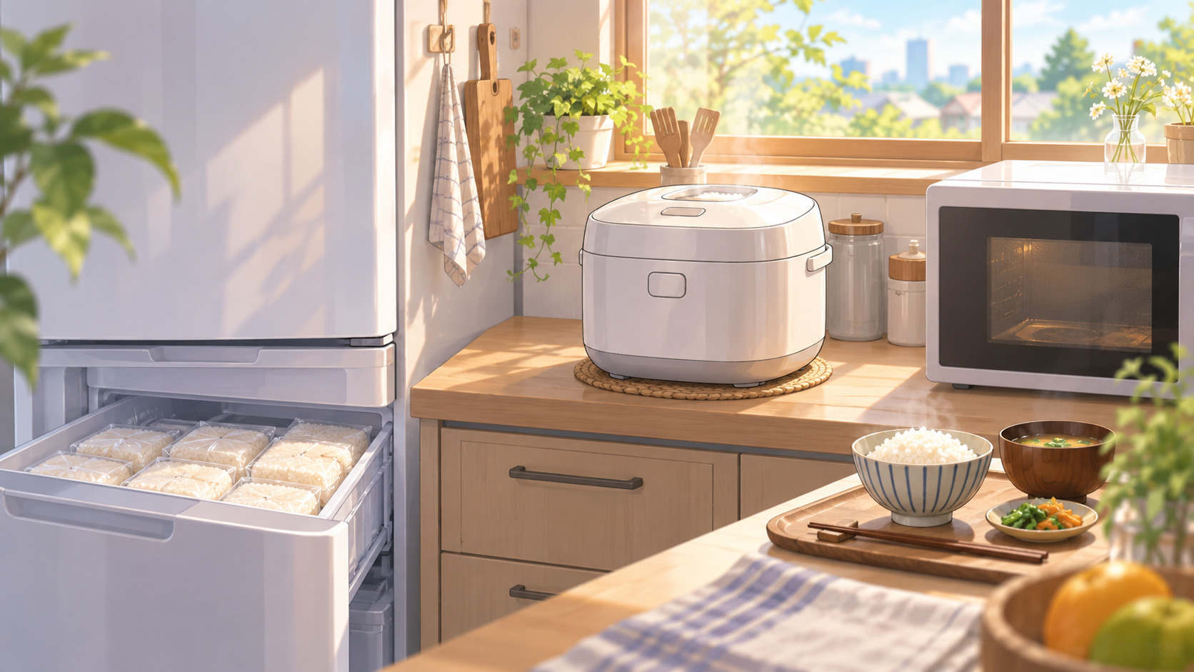 炊飯器と冷凍ごはん、電子レンジがあるキッチンのイメージ