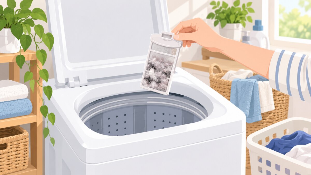 縦型洗濯機から糸くずフィルターを取り出している様子